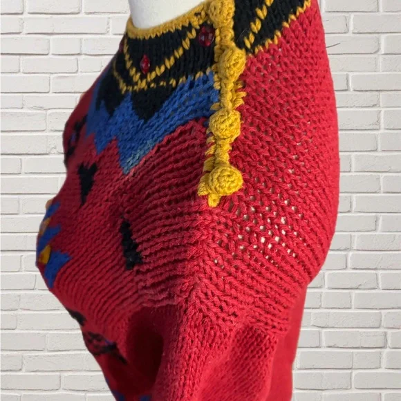 Vintage Hand Knit Sweater Red Ramie Cotton Beaded Retro Chunky Bold 80s 90s S - Picture 3 of 4